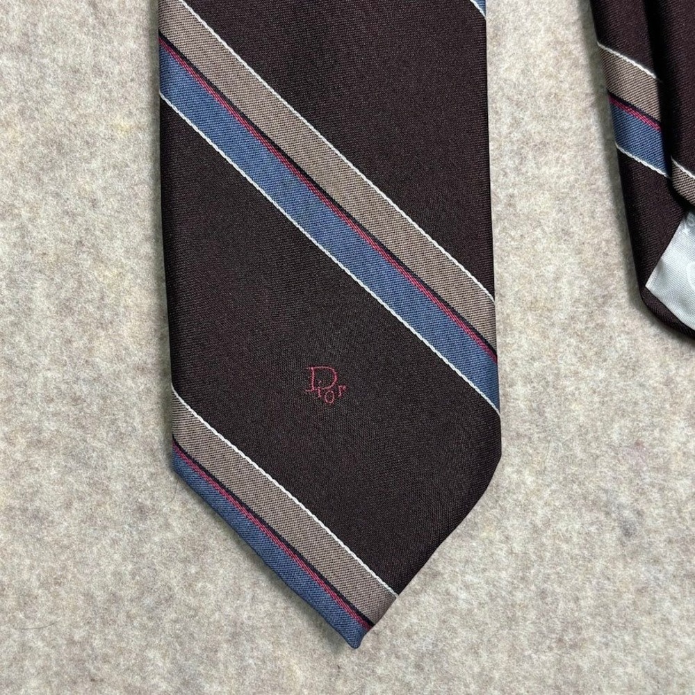 Christian Dior Tie Mens OS Brown Silk Blend Striped Classic Designer Luxury Logo